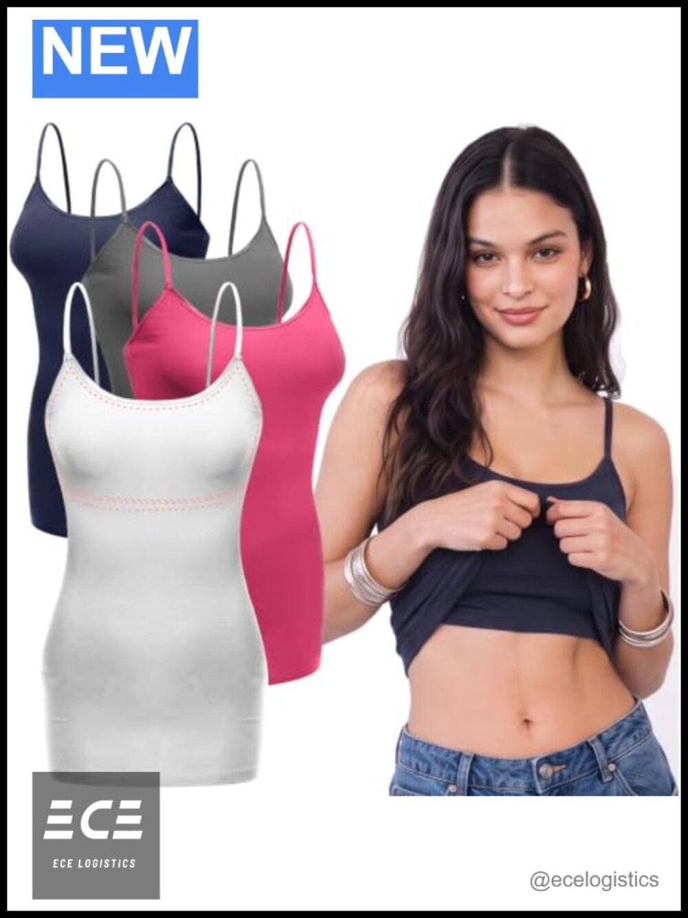 Women's Long Torso Camisole Built-in Shelf Bra Cotton Spandex Layering Cami
